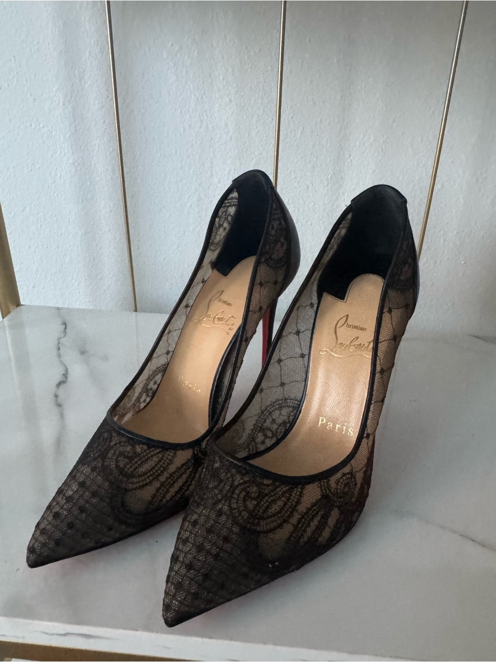 Christian Louboutin Black Lace Pointed Pumps with Red Soles